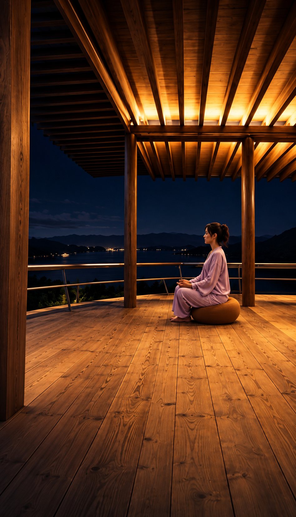 Participante meditando no deck de madeira do Zenbo Seinei à noite, com vista para o mar de Awaji